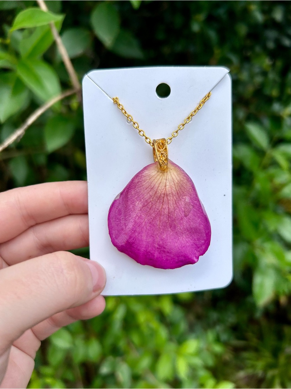 Gold-Trim Pink Petal Pendant Necklace